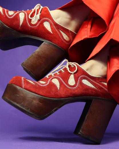RARE Vintage Nunn Bush Glitter Red Suede Platform Shoes