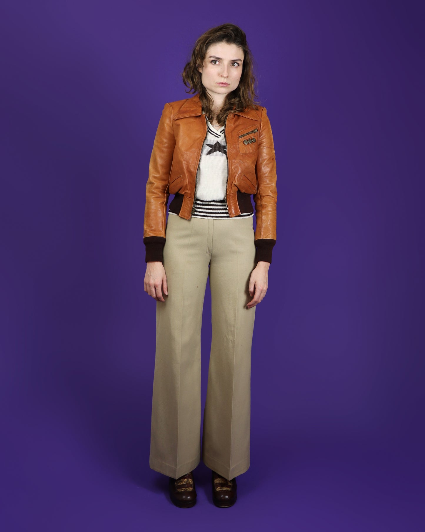 Vintage 1970s Gandalf Tan Leather Bomber Jacket