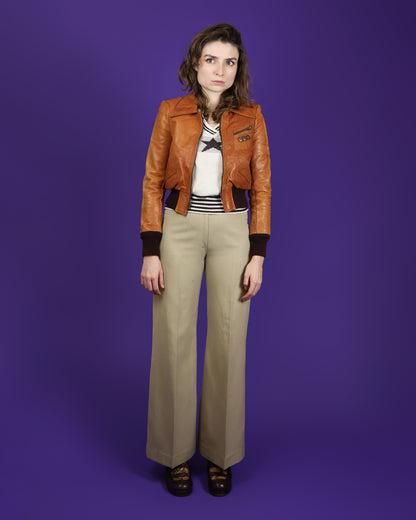 Vintage 1970s Gandalf Tan Leather Bomber Jacket