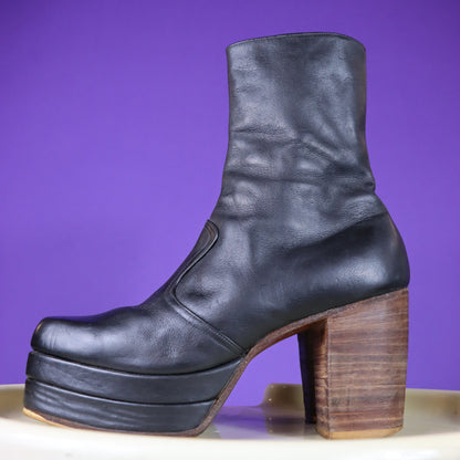 Vintage 1970s Stomping Black Leather Platform Boots Stacked Heel RARE
