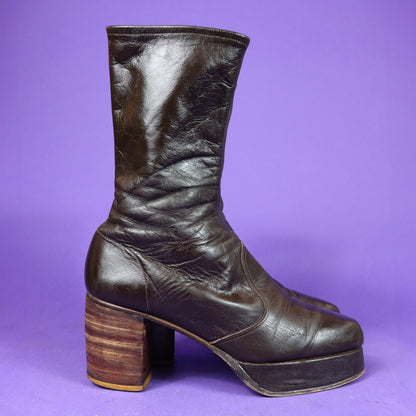 Vintage 1970s Brown Leather Stomping Platform Boots Wooden Heel Stacks RARE