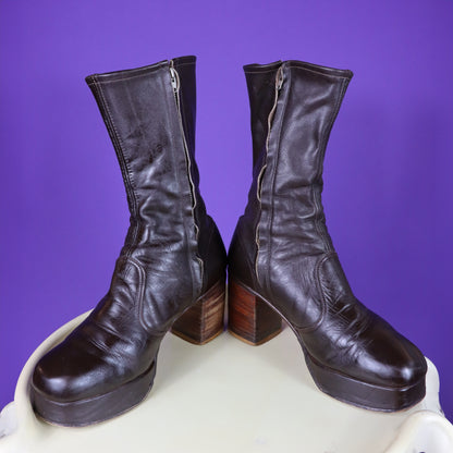 Vintage 1970s Brown Leather Stomping Platform Boots Wooden Heel Stacks RARE