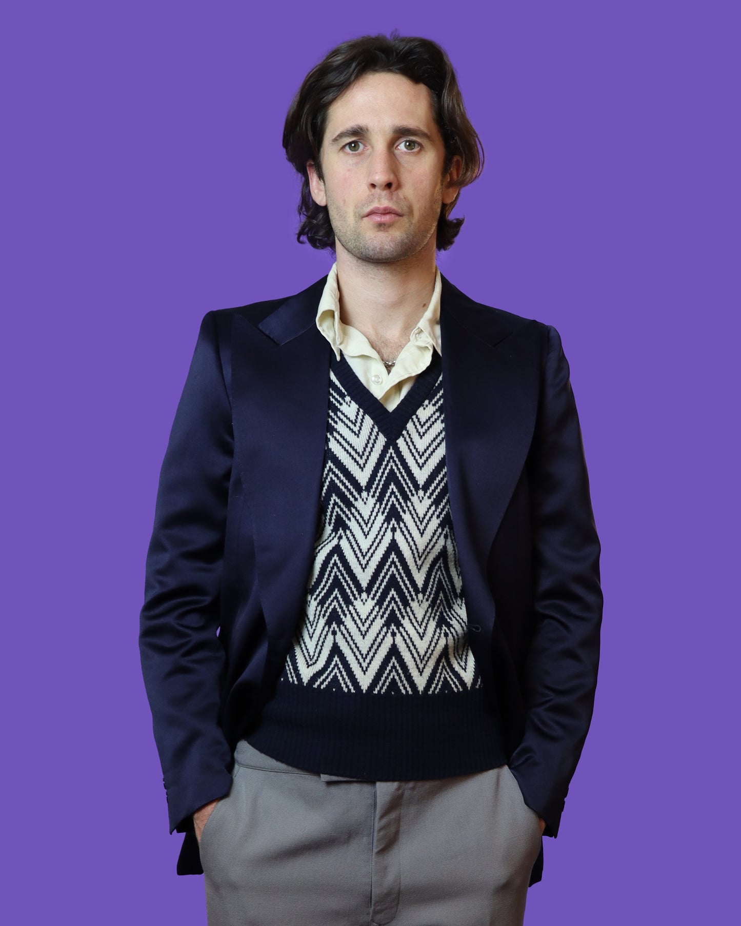 Vintage 1970s Midnight Blue Satin Blazer