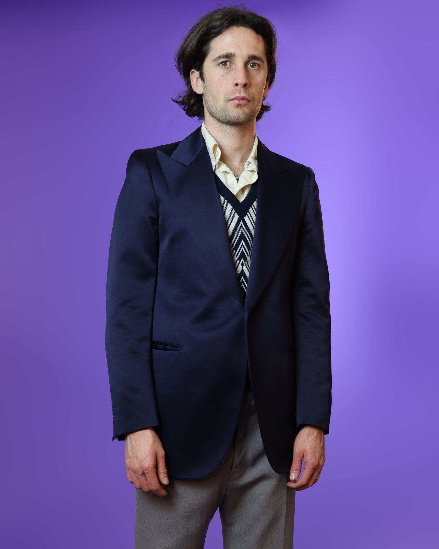 Vintage 1970s Midnight Blue Satin Blazer