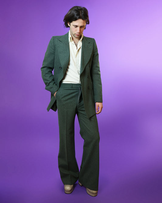 Vintage 1970s Sage Green Woollen Tailored Pinstripe Suit
