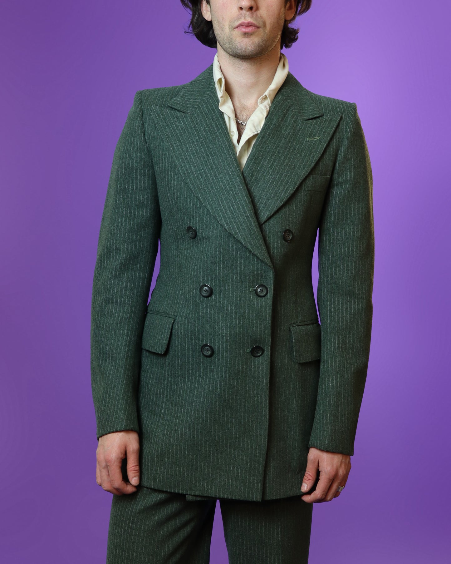 Vintage 1970s Sage Green Woollen Tailored Pinstripe Suit