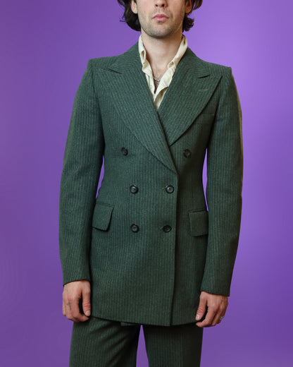 Vintage 1970s Sage Green Woollen Tailored Pinstripe Suit