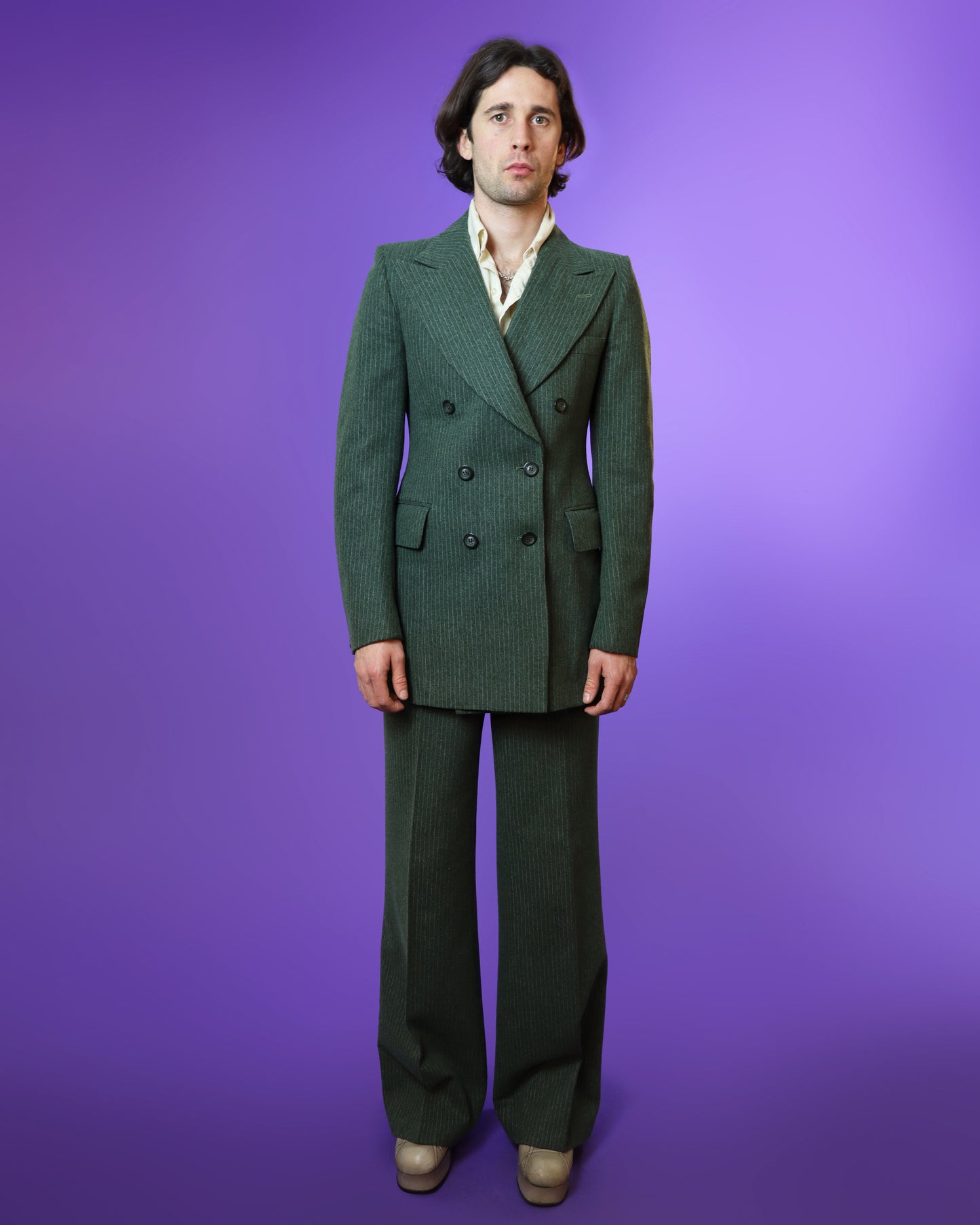 Vintage 1970s Sage Green Woollen Tailored Pinstripe Suit