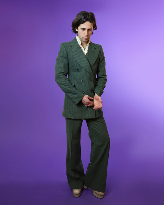 Vintage 1970s Sage Green Woollen Tailored Pinstripe Suit