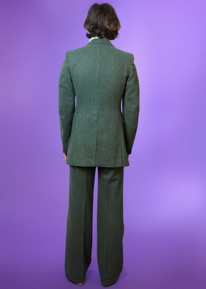Vintage 1970s Sage Green Woollen Tailored Pinstripe Suit