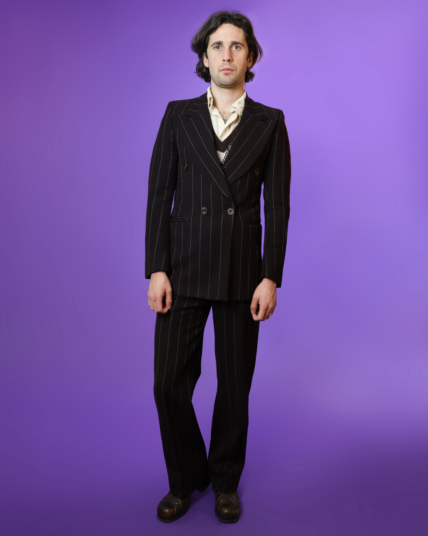 Vintage 1970s Brown Pinstripe Double Breasted Suit