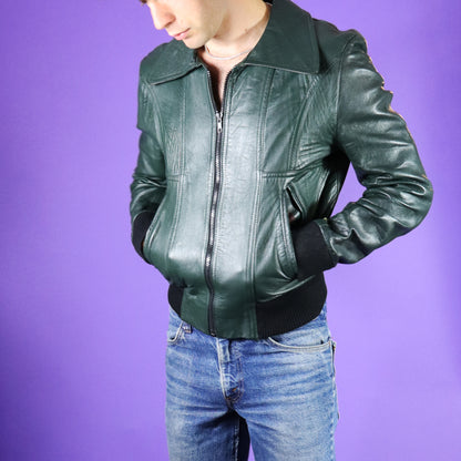 Vintage 1970s Bottle Green Bomber Leather Jacket