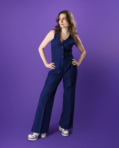 Vintage 1970s 3 Piece Navy Blue Suit with White Trim