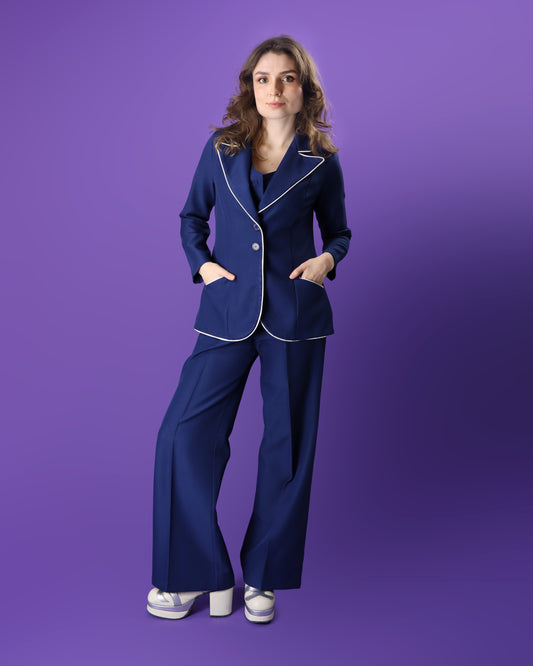 Vintage 1970s 3 Piece Navy Blue Suit with White Trim