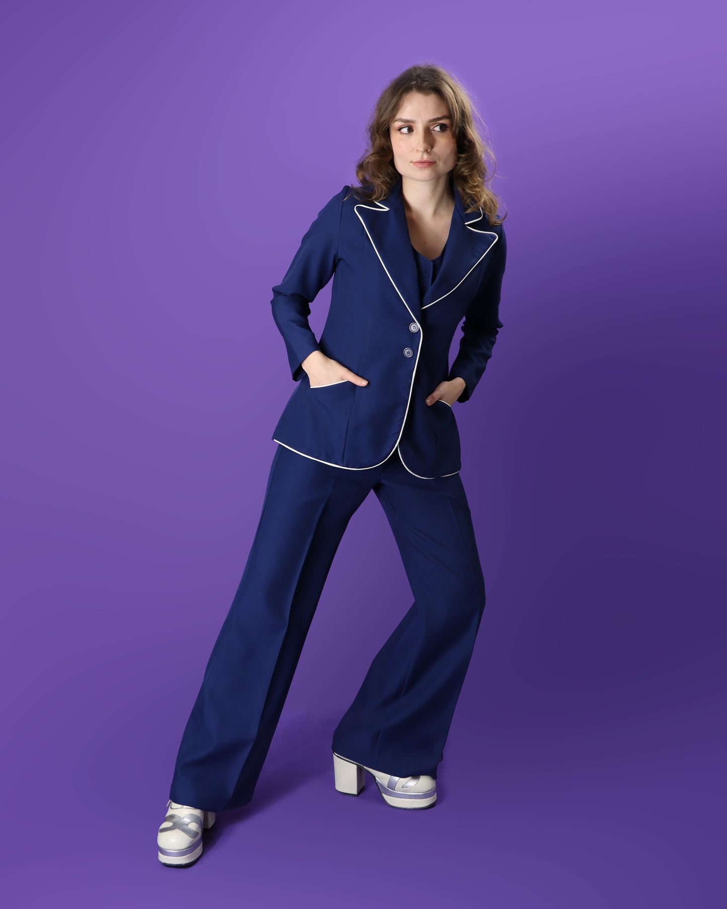 Vintage 1970s 3 Piece Navy Blue Suit with White Trim