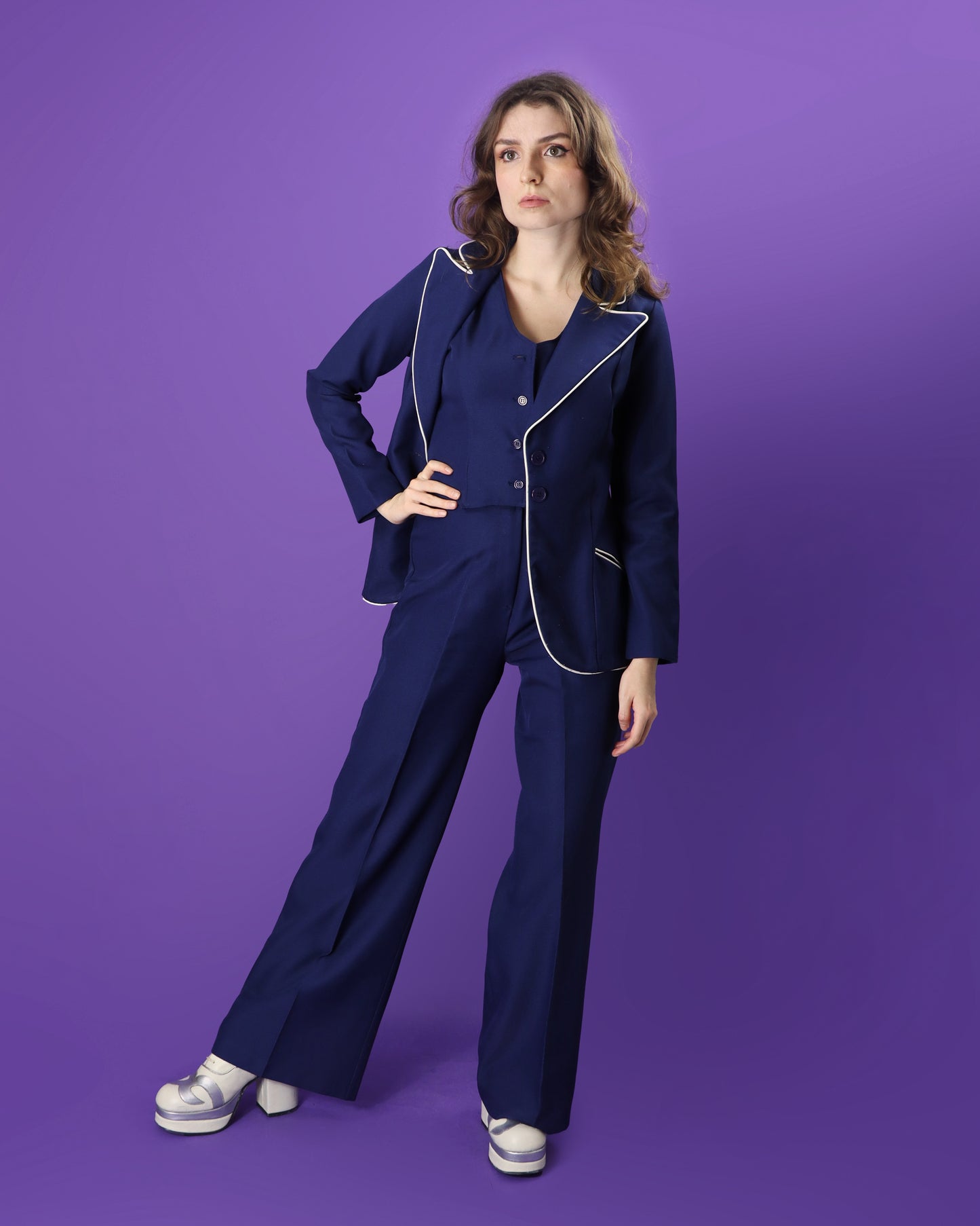 Vintage 1970s 3 Piece Navy Blue Suit with White Trim