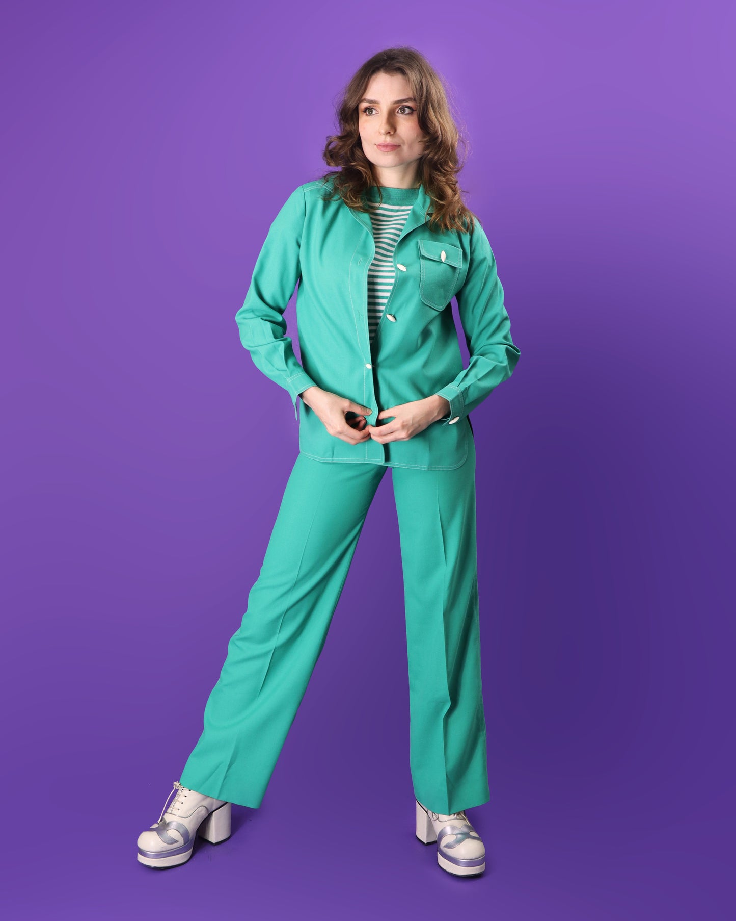 DEADSTOCK Vintage 1970s Jade Green 4 Piece Jaeger Leisure Suit Skirt Flares Set