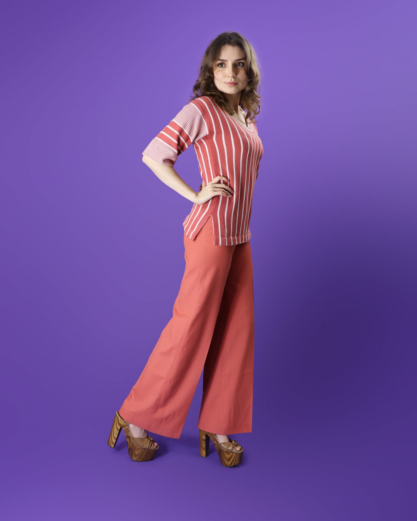 DEADSTOCK Vintage 1970s Jaeger Blush Pink Pant Suit Set Jumper and Flares