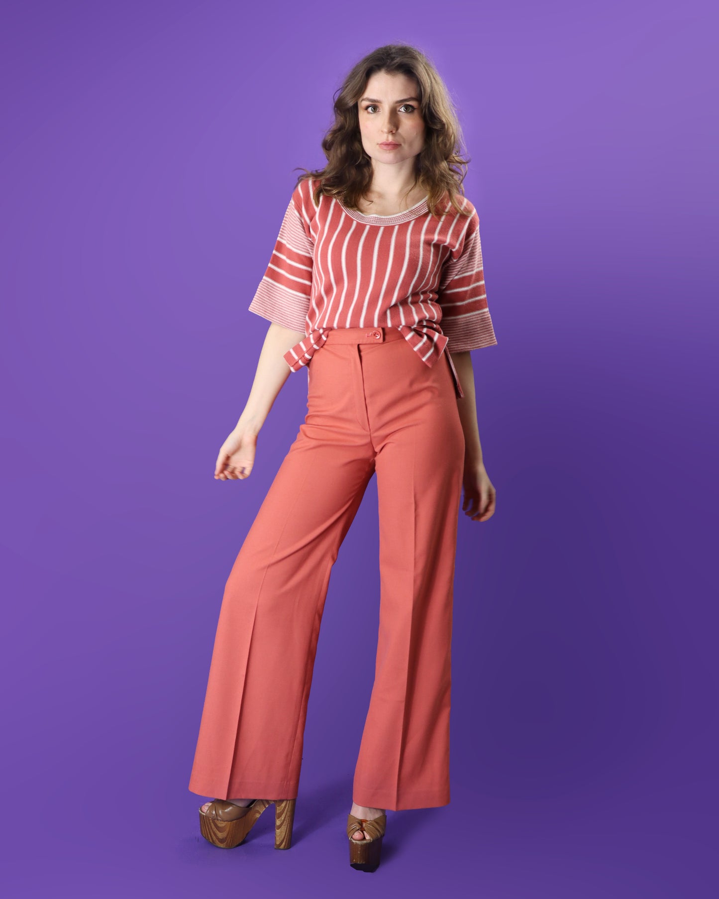 DEADSTOCK Vintage 1970s Jaeger Blush Pink Pant Suit Set Jumper and Flares