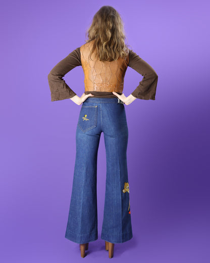 Vintage 1970s Antonio Guiseppe Bambi Denim Embroidered Flares Jeans