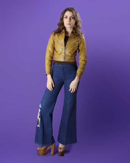 Vintage 1970s Chevron Tan Leather Bomber Jacket