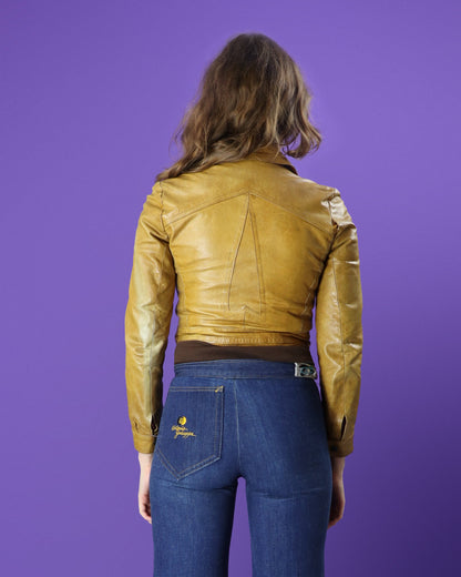 Vintage 1970s Chevron Tan Leather Bomber Jacket