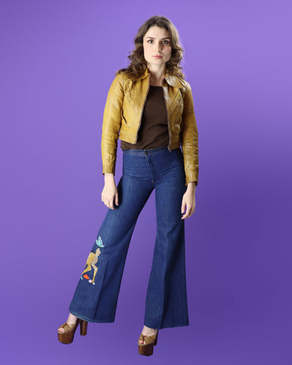 Vintage 1970s Chevron Tan Leather Bomber Jacket