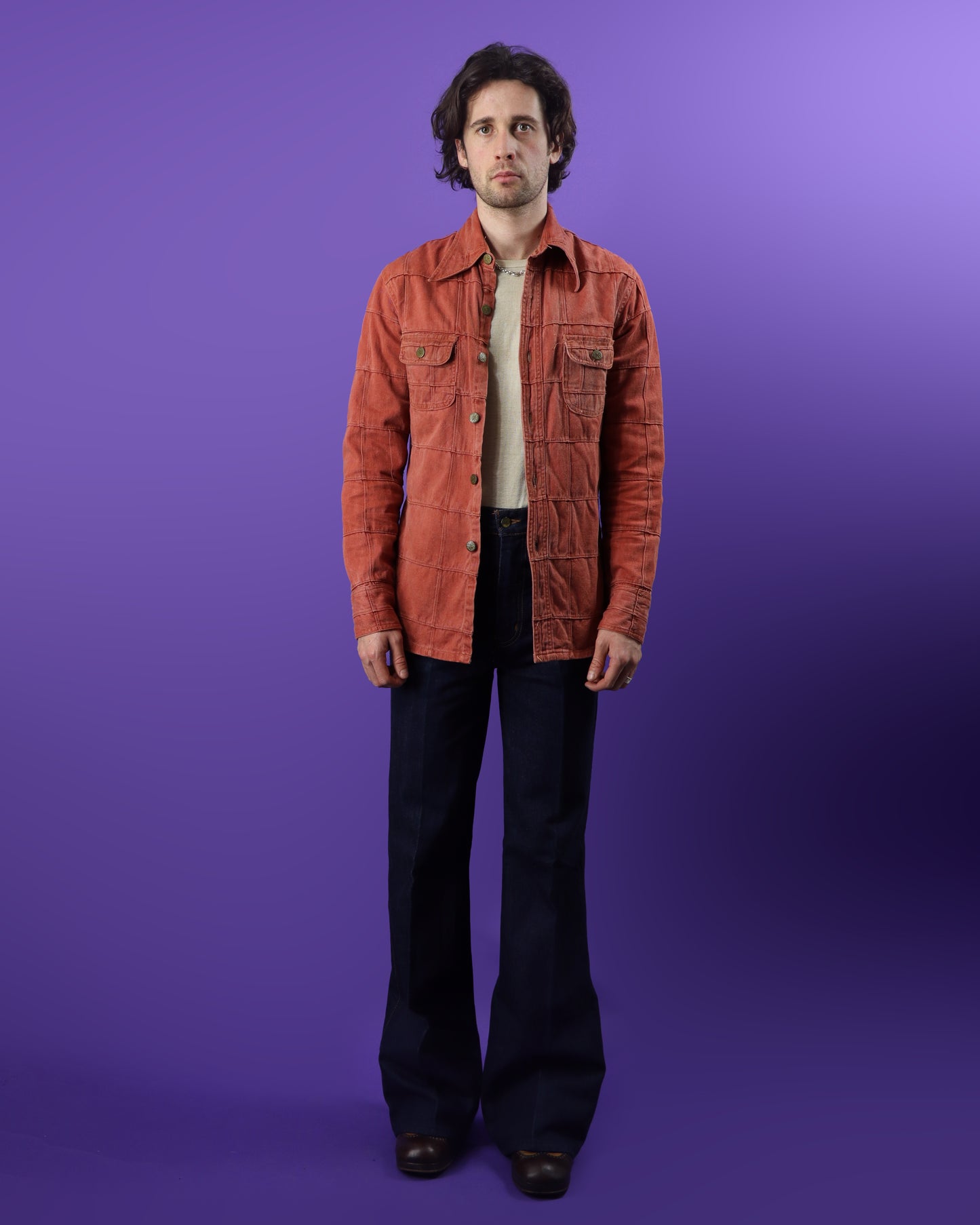 Vintage 1970s Brittannia Coral Windowpane Denim Shirt