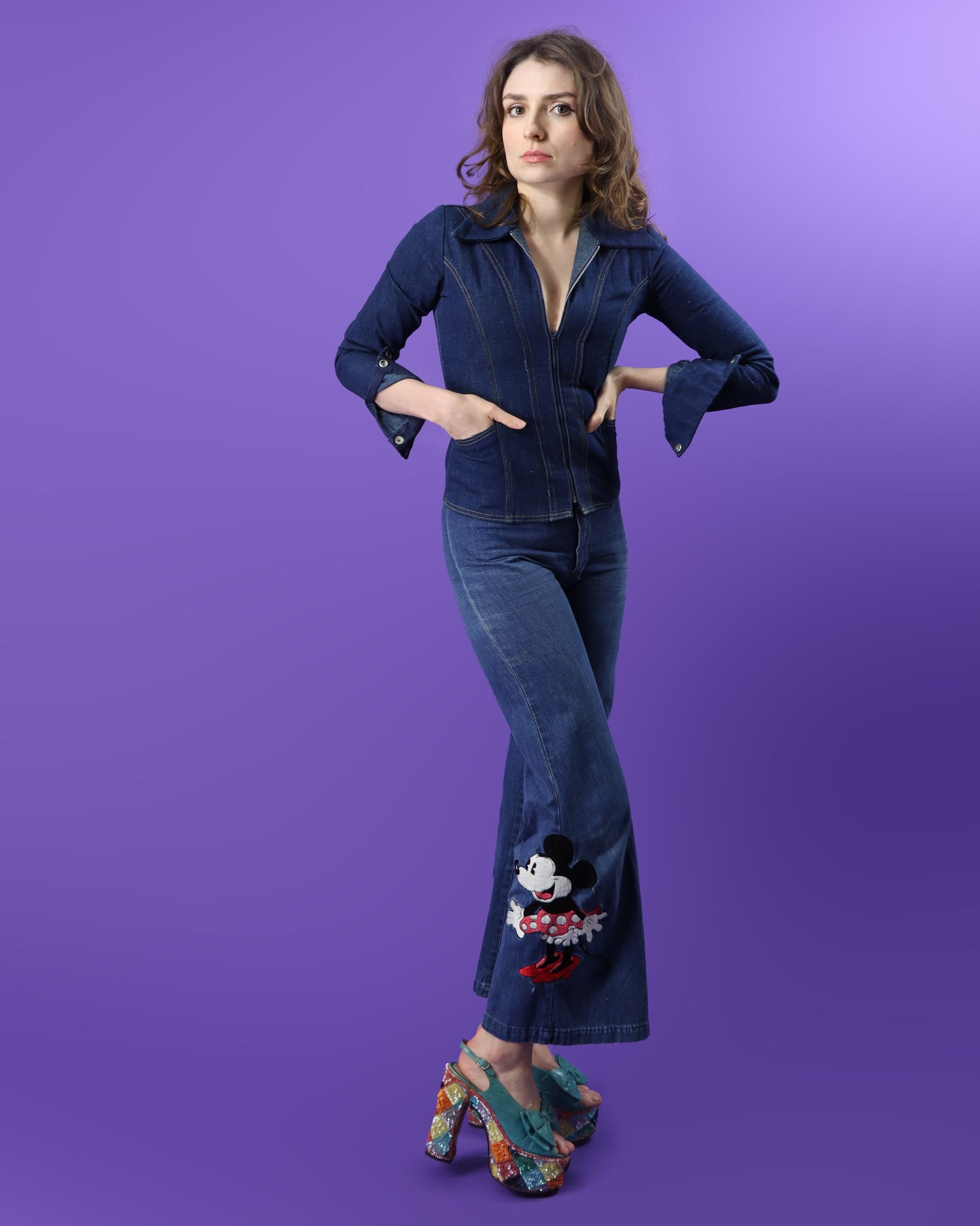 RARE Vintage 1970s Antonio Guiseppe Minnie Mouse Disney Denim Suit Set Flares