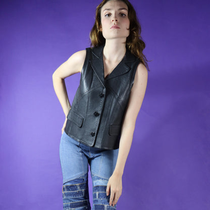 Vintage 1970s Jean Muir Black Leather Waistcoat with Star Buttons