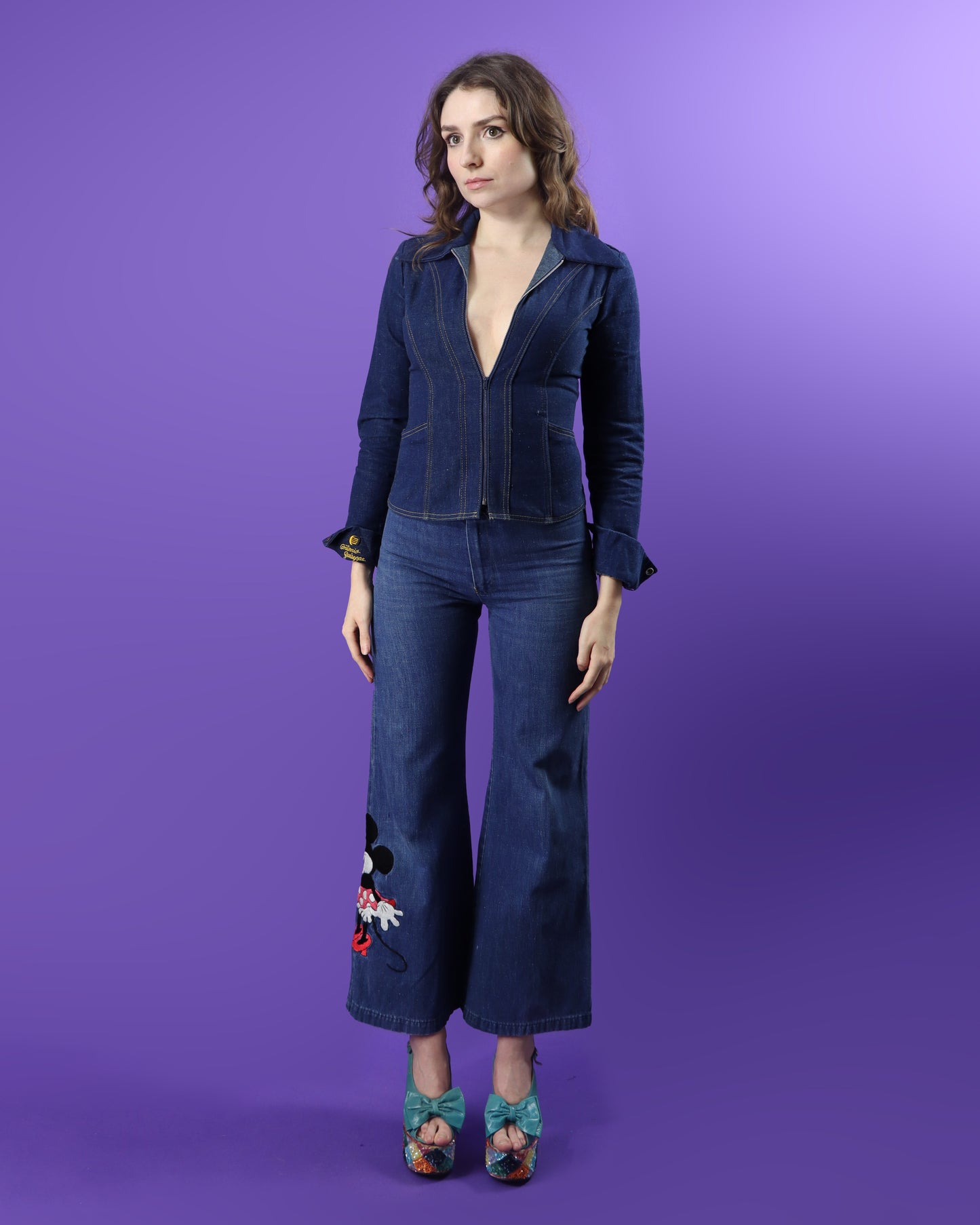 RARE Vintage 1970s Antonio Guiseppe Minnie Mouse Disney Denim Suit Set Flares