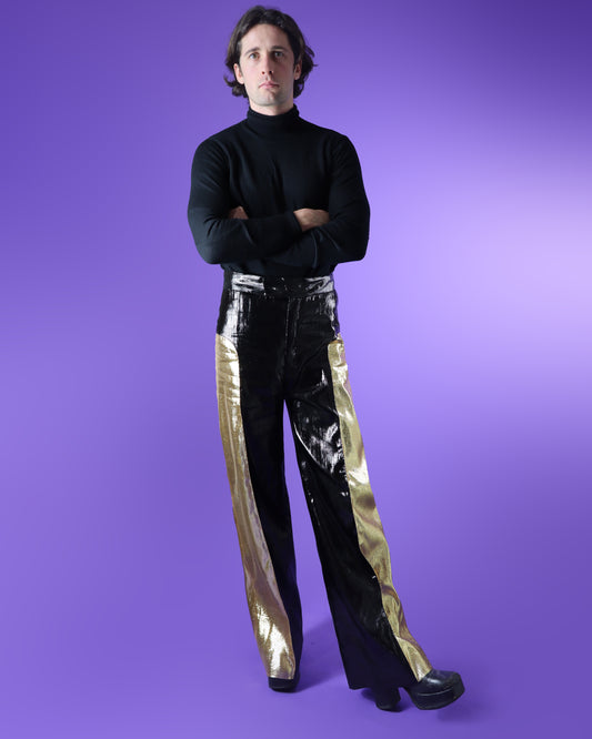 RARE DEADSTOCK Vintage 1970s Gold and Black Lurex Lamé Glam Rock Disco Flares