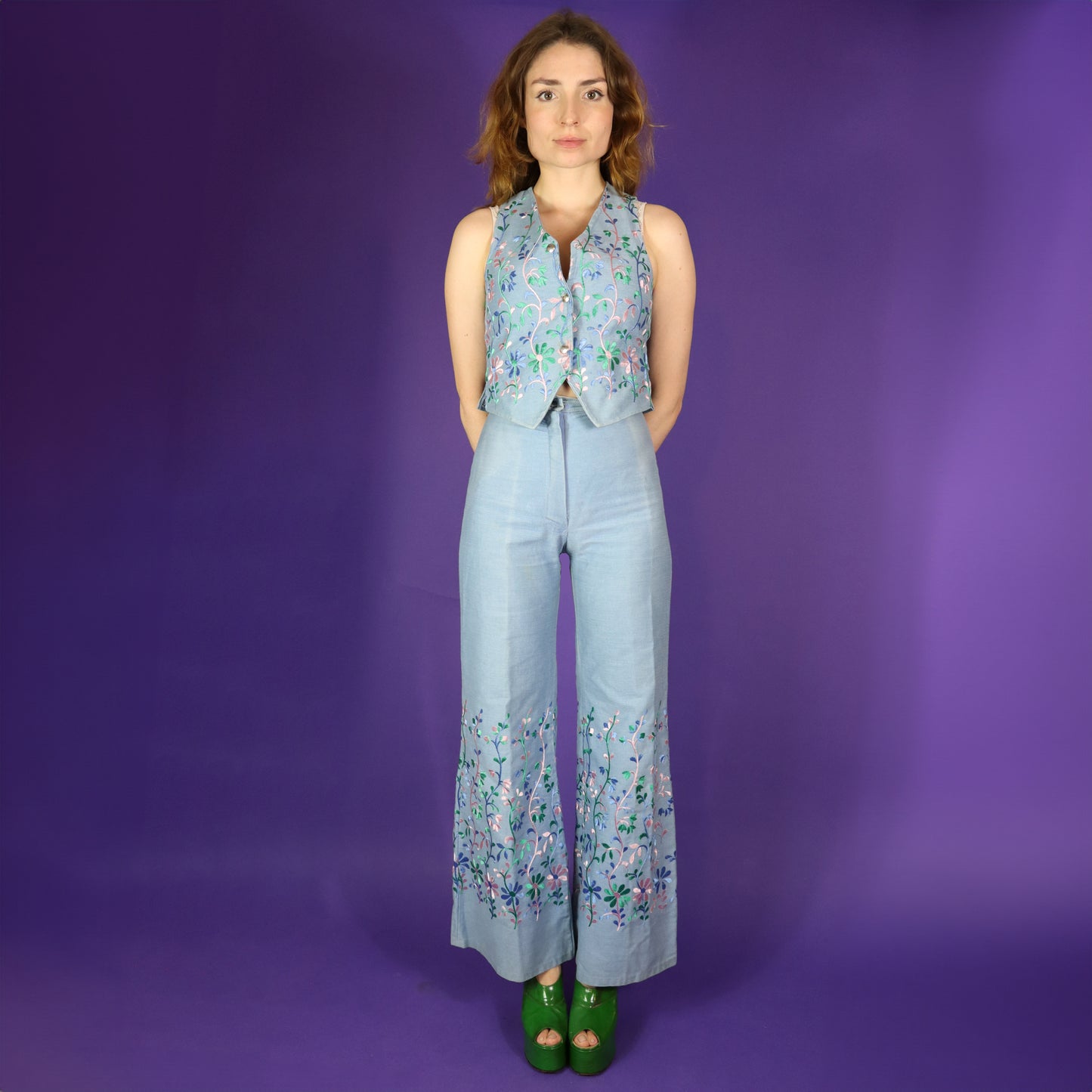 Vintage 1970s Embroidered Denim Vest Set Suit