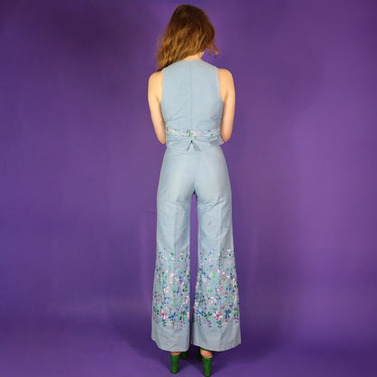 Vintage 1970s Embroidered Denim Vest Set Suit