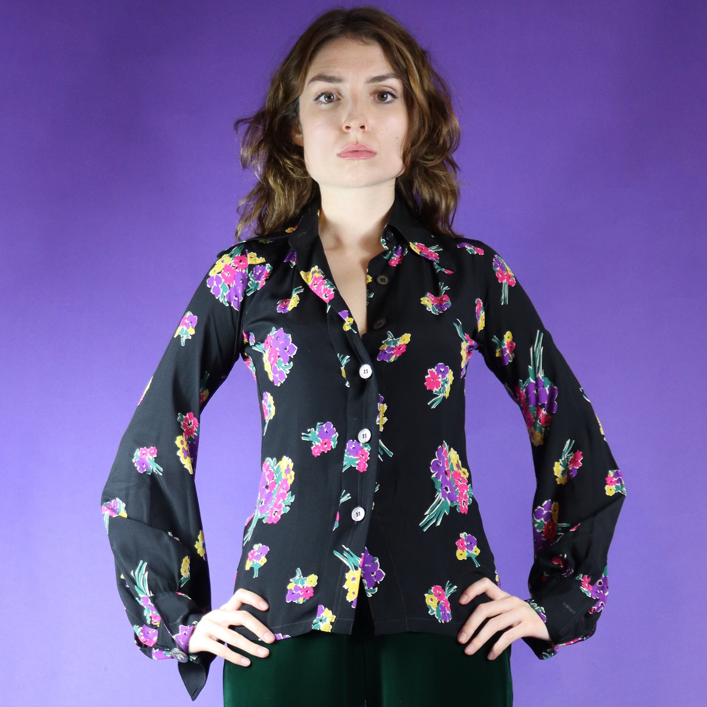 Vintage 1970s Floral Print Silk Bell Sleeve Shirt