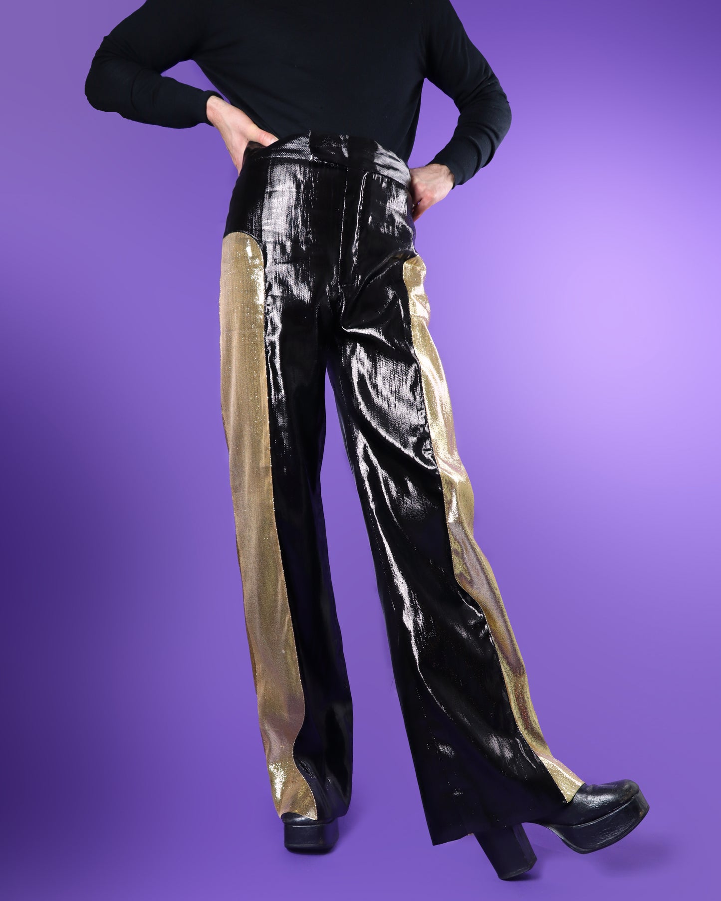 RARE DEADSTOCK Vintage 1970s Gold and Black Lurex Lamé Glam Rock Disco Flares