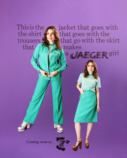 DEADSTOCK Vintage 1970s Jade Green 4 Piece Jaeger Leisure Suit Skirt Flares Set