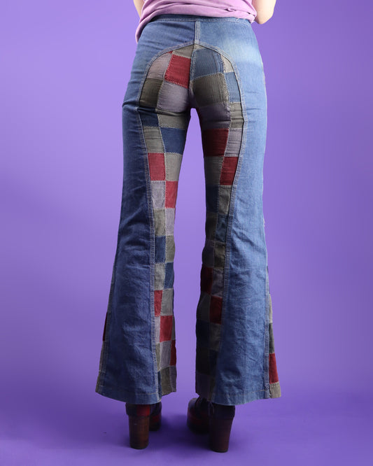 Vintage 1970s Faded Glory Patchwork Corduory Denim Jeans Flares