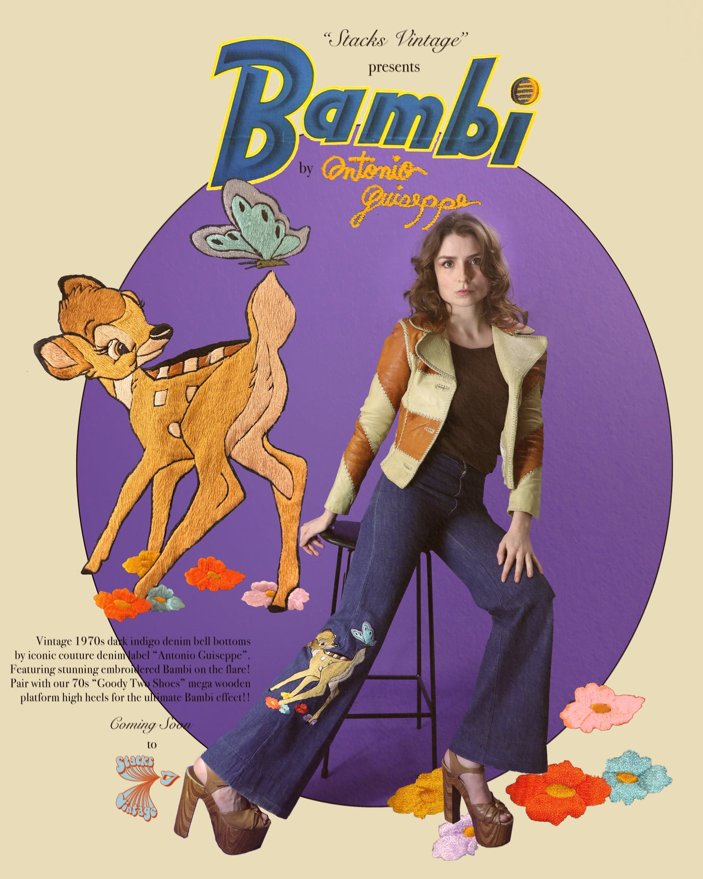 Vintage 1970s Antonio Guiseppe Bambi Denim Embroidered Flares Jeans