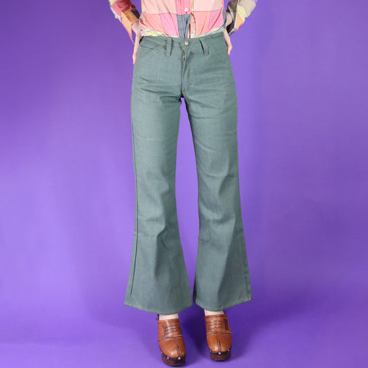 Vintage 1970s Deadstock Super Rifle Sage Green Denim Flares Jeans