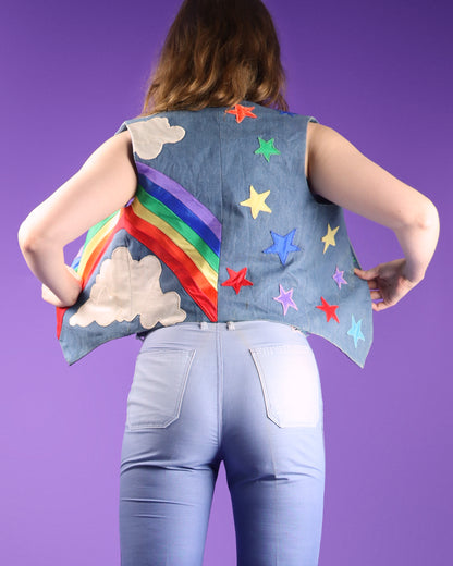Vintage 1970s Glam Rainbow Stars Appliqué Customised Denim Vest