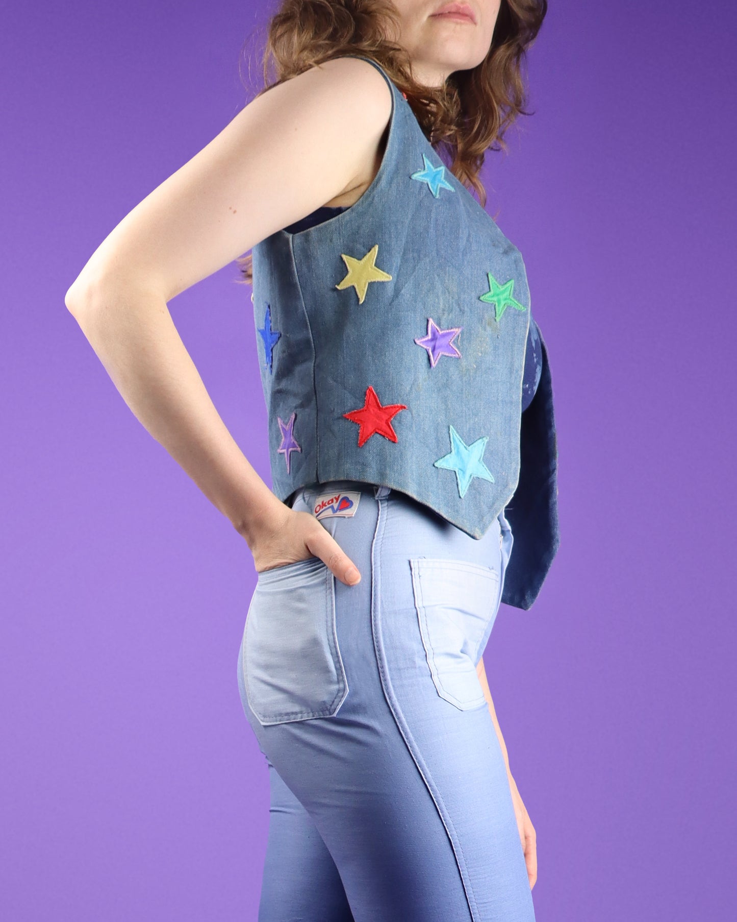 Vintage 1970s Glam Rainbow Stars Appliqué Customised Denim Vest