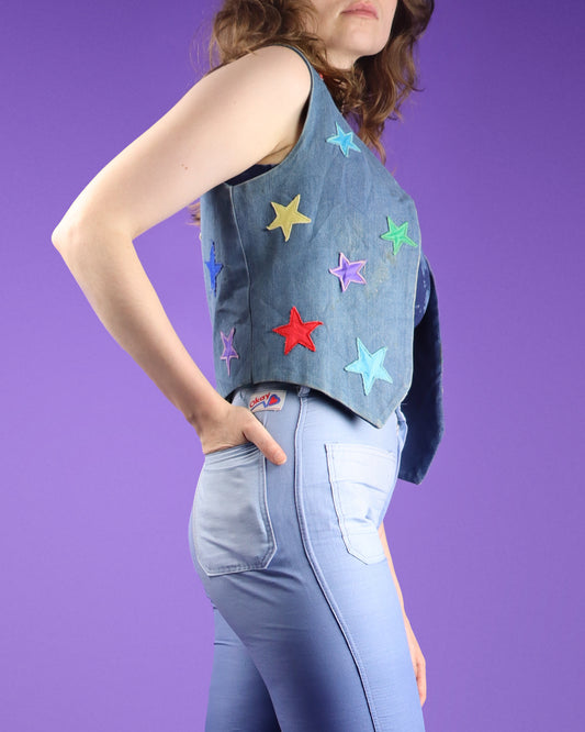 Vintage 1970s Glam Rainbow Stars Appliqué Customised Denim Vest