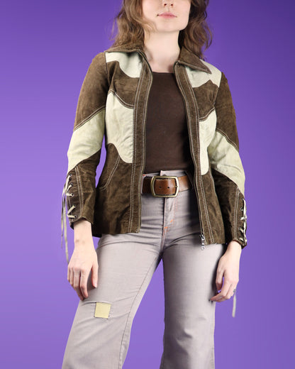 Vintage 1970s Roncelli Two Tone Suede Lace Up Sleeve Jacket