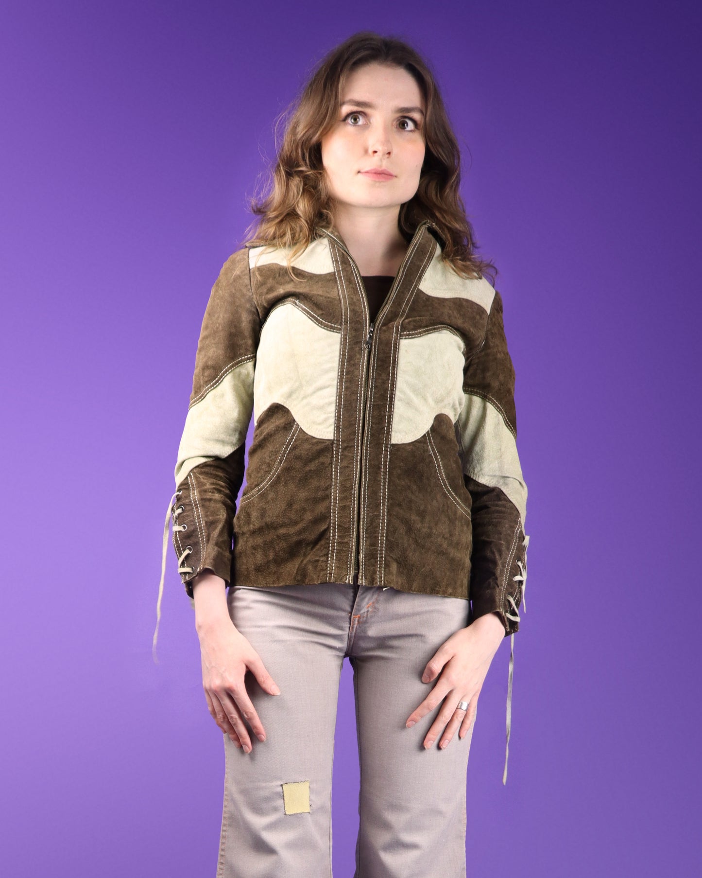 Vintage 1970s Roncelli Two Tone Suede Lace Up Sleeve Jacket