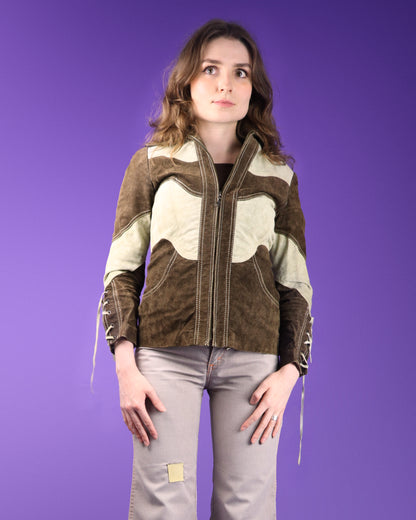 Vintage 1970s Roncelli Two Tone Suede Lace Up Sleeve Jacket