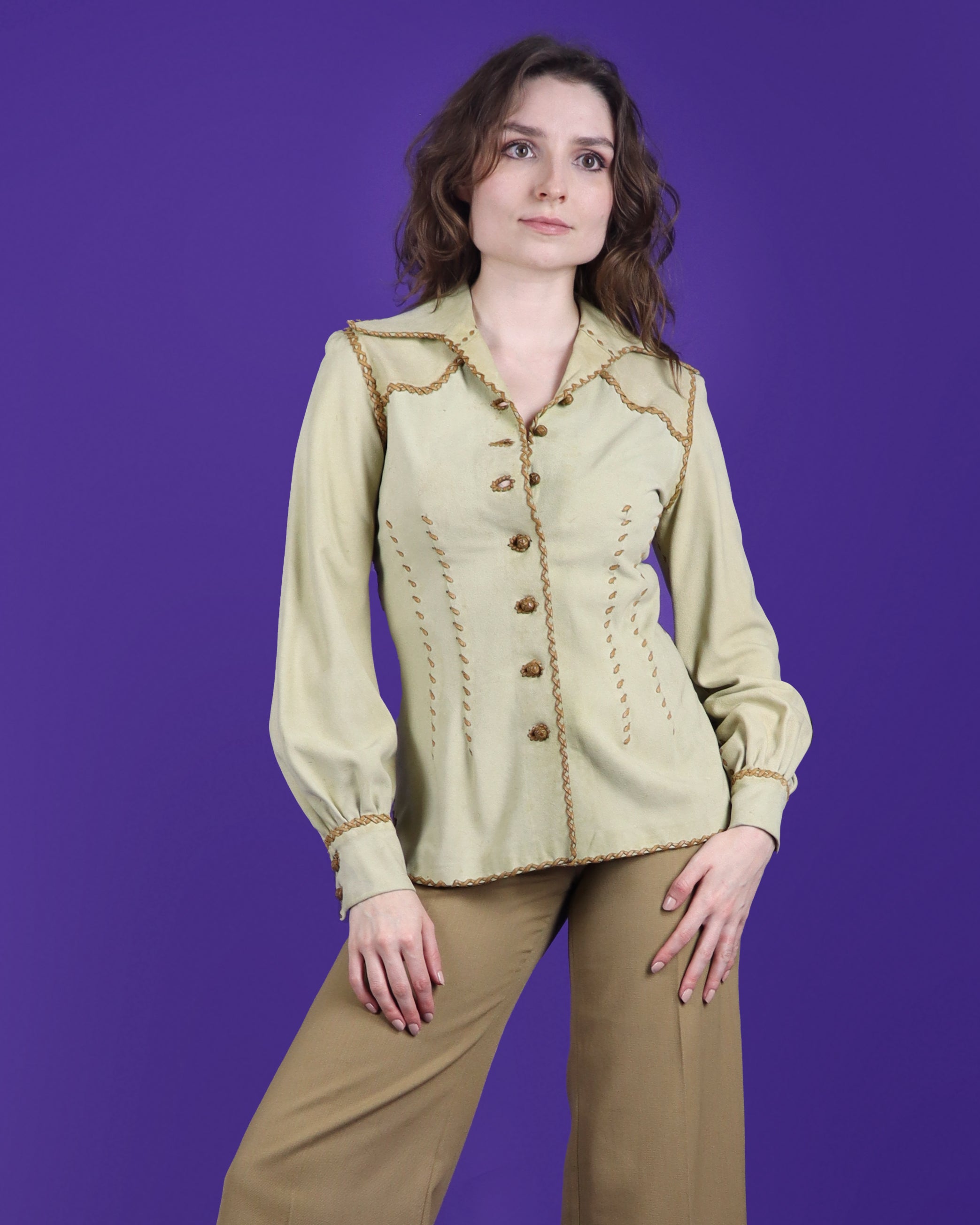 Vintage 1970s North Beach Leather Cream Suede Balloon Sleeve Shirt
