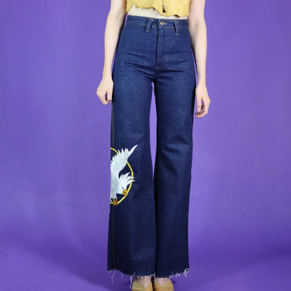 Vintage 1970s G Guebelli Bird Embroidered Denim Jeans Flares