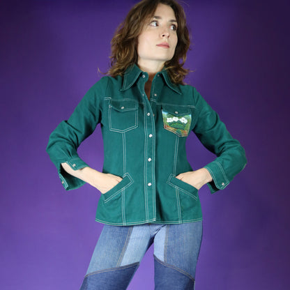 Vintage 1970s Roncelli Hand Painted Green Denim Jacket