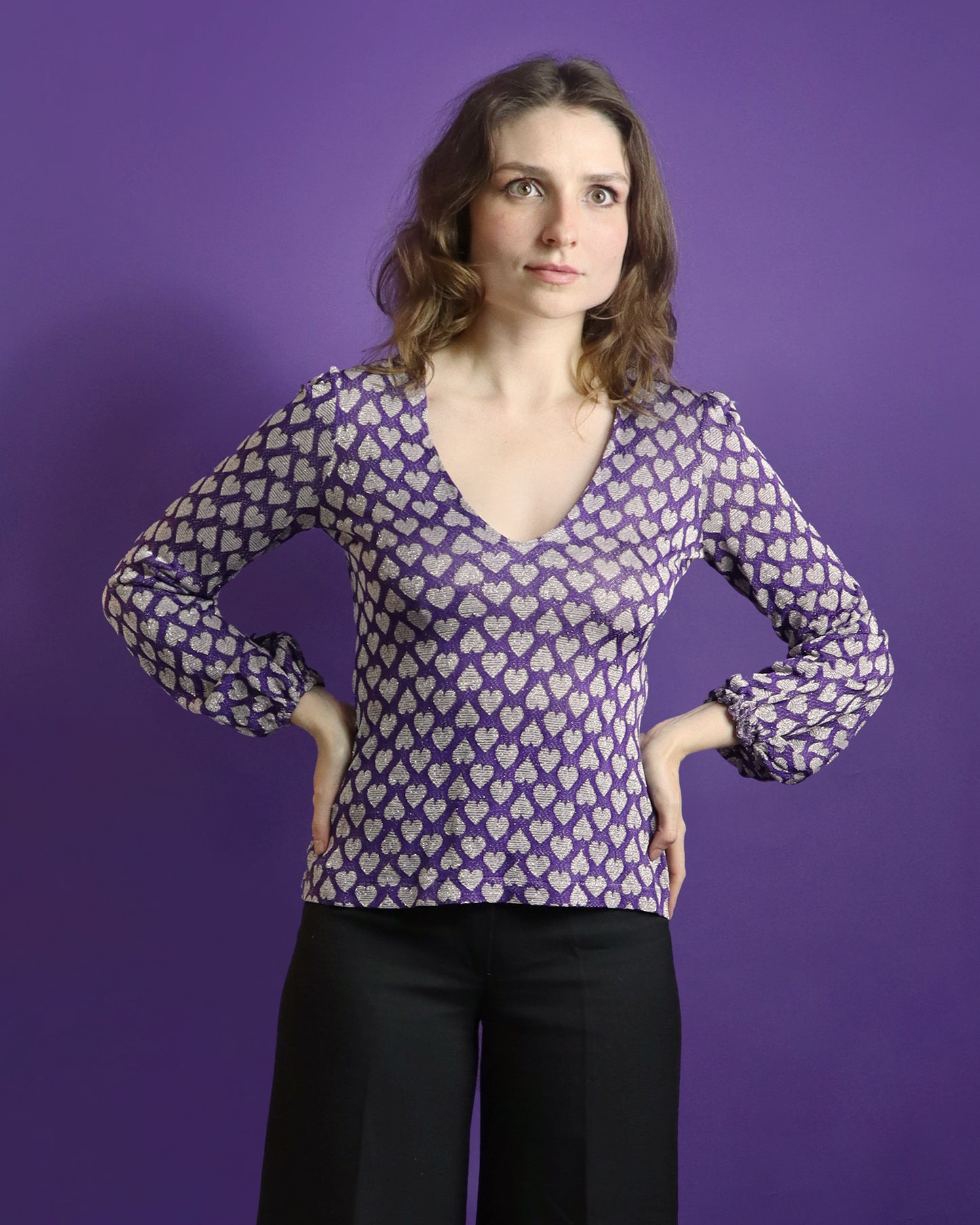 Vintage 1970s Purple Love Heart Lurex Blouse